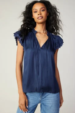 Short Sleeve Tops-Current Air Layered Lace Sleeve Top NAVY