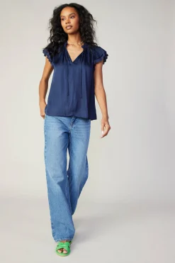 Short Sleeve Tops-Current Air Layered Lace Sleeve Top NAVY