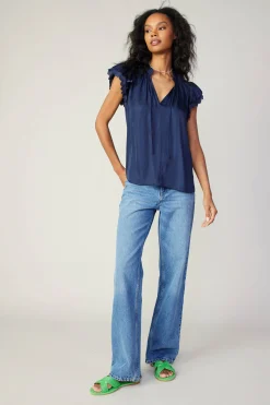 Short Sleeve Tops-Current Air Layered Lace Sleeve Top NAVY