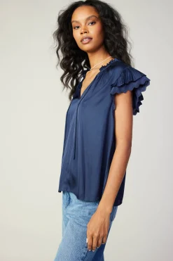 Short Sleeve Tops-Current Air Layered Lace Sleeve Top NAVY