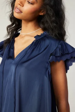 Short Sleeve Tops-Current Air Layered Lace Sleeve Top NAVY