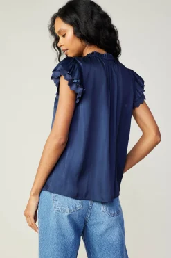 Short Sleeve Tops-Current Air Layered Lace Sleeve Top NAVY