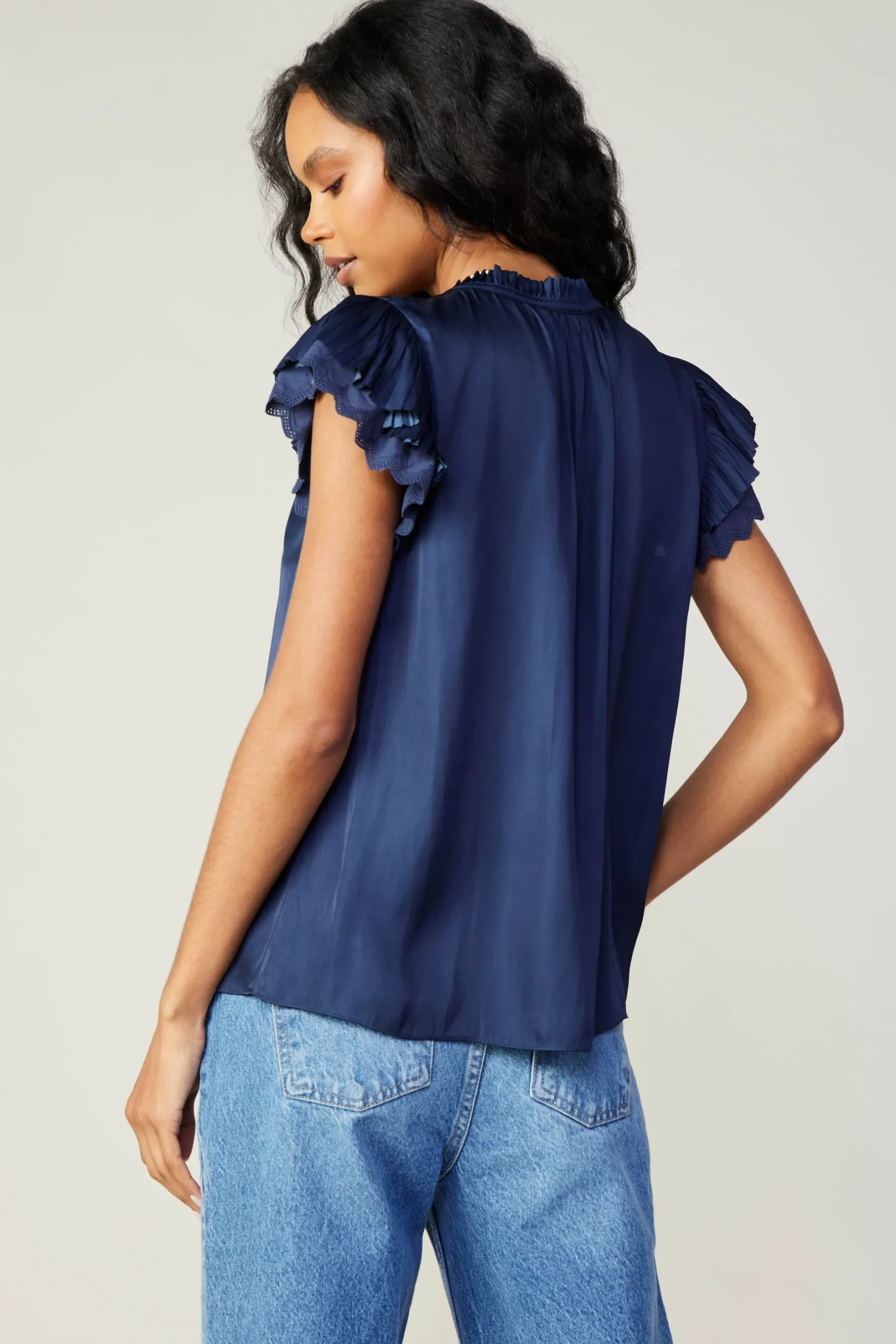 Short Sleeve Tops-Current Air Layered Lace Sleeve Top NAVY