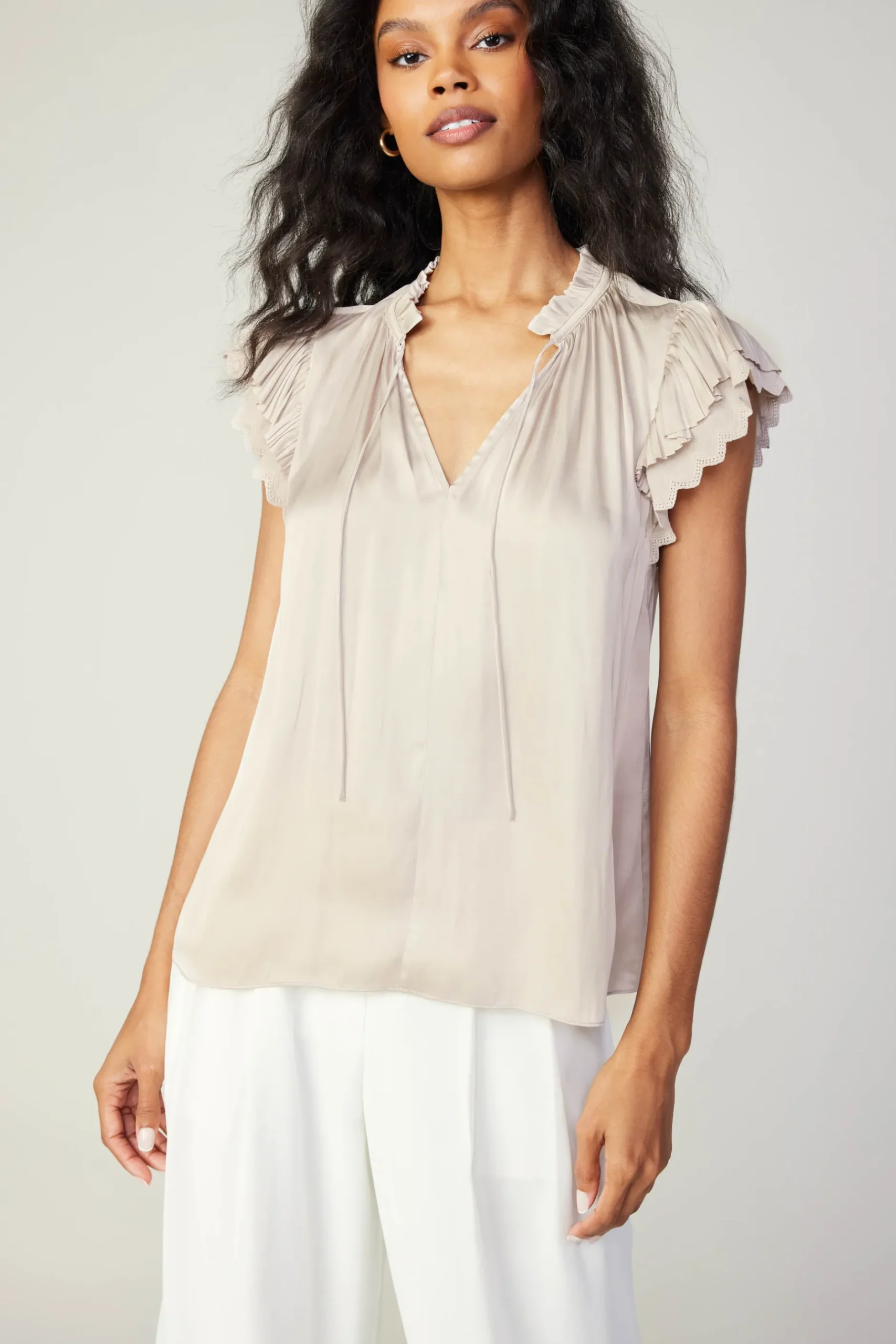 Short Sleeve Tops-Current Air Layered Lace Sleeve Top TAUPE