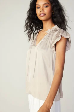 Short Sleeve Tops-Current Air Layered Lace Sleeve Top TAUPE