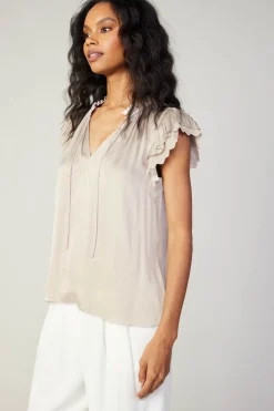 Short Sleeve Tops-Current Air Layered Lace Sleeve Top TAUPE