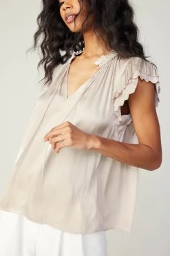 Short Sleeve Tops-Current Air Layered Lace Sleeve Top TAUPE