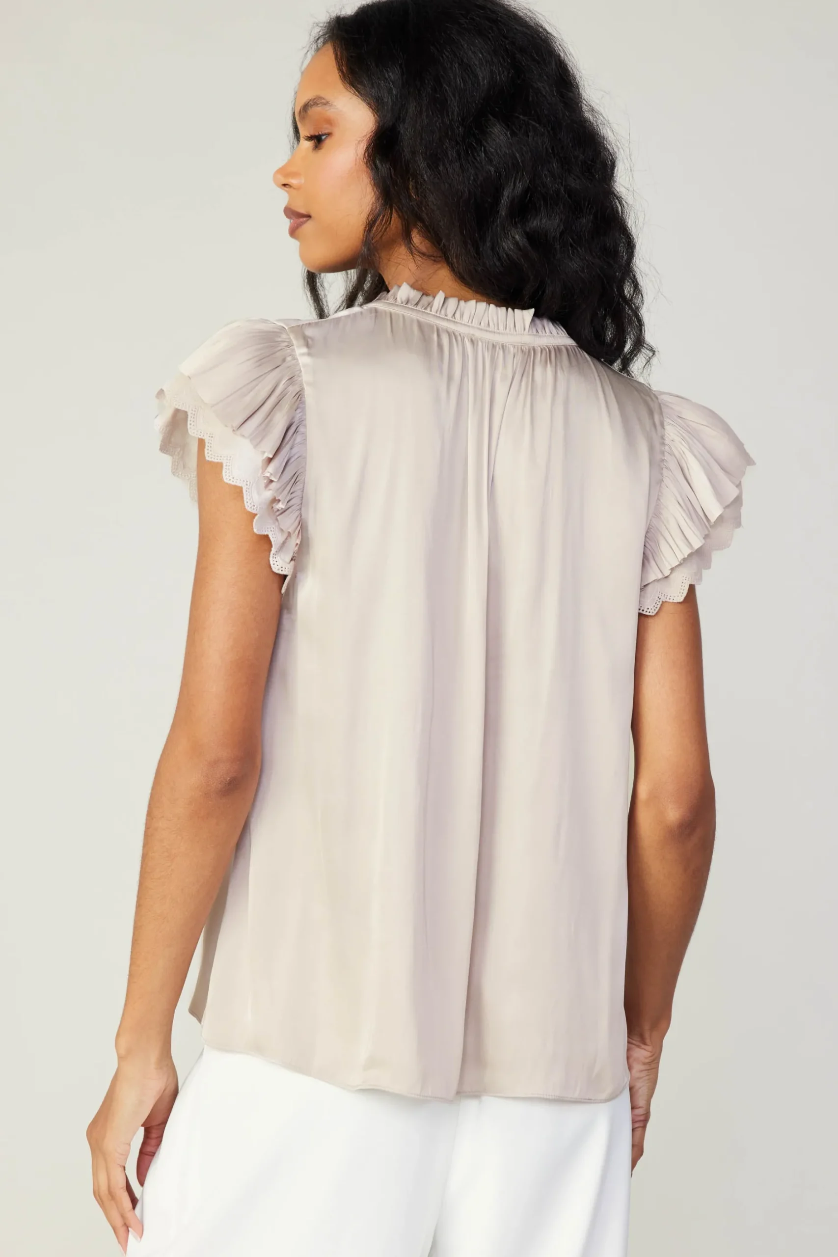 Short Sleeve Tops-Current Air Layered Lace Sleeve Top TAUPE