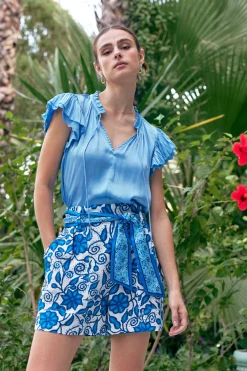 Short Sleeve Tops-Current Air Layered Lace Sleeve Top BABYBLUE