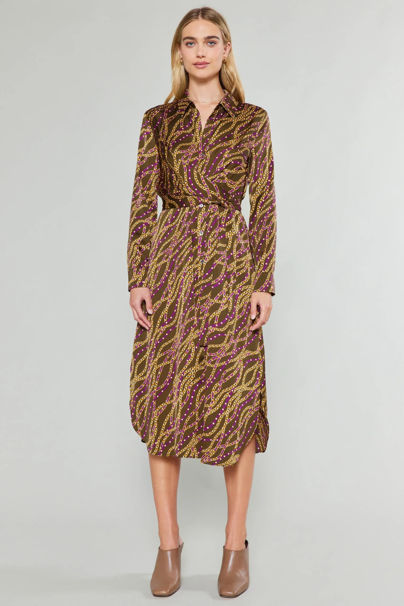 Midi Dresses-Current Air Link Motif Shirt Dress OLIVEWINE