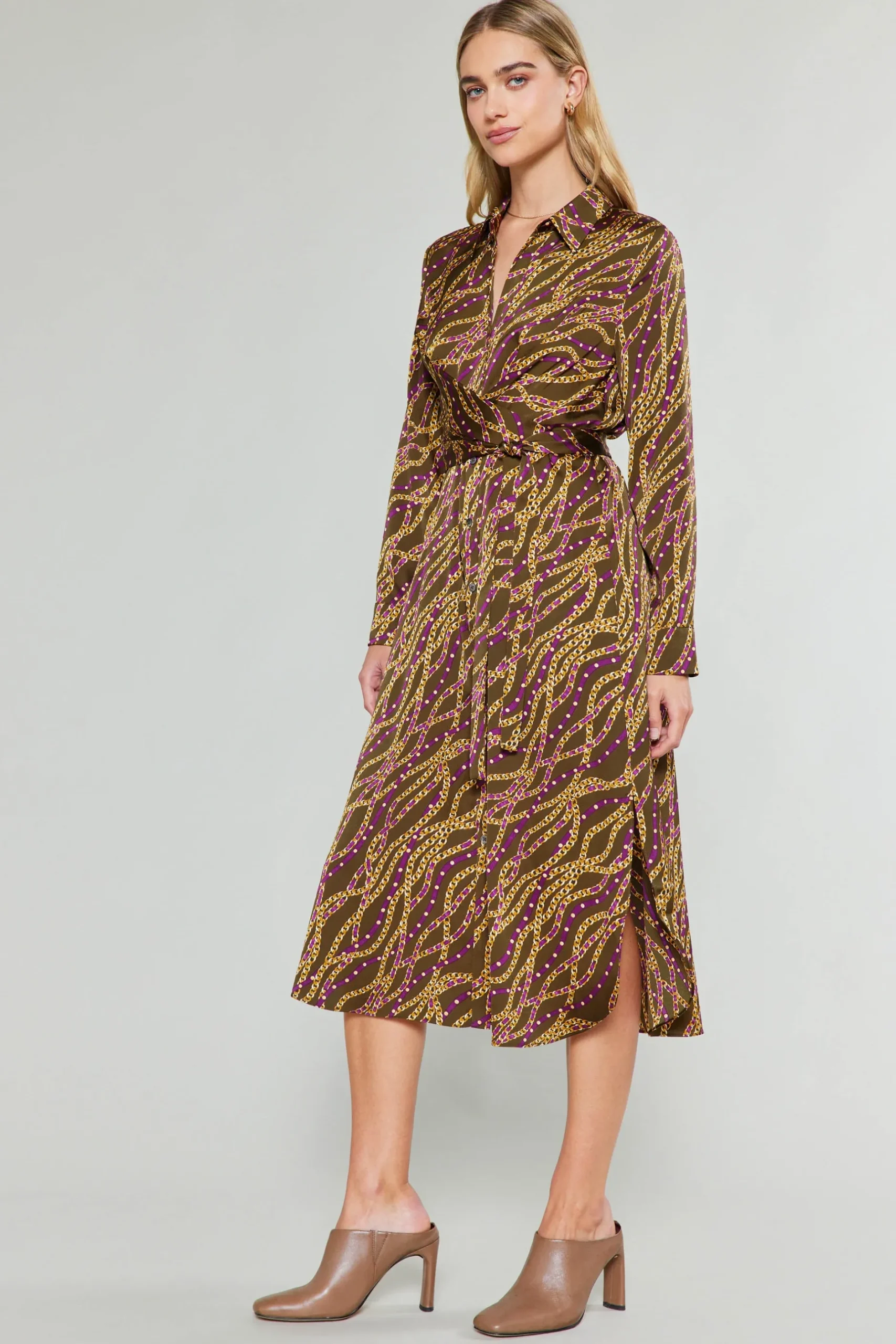 Midi Dresses-Current Air Link Motif Shirt Dress OLIVEWINE