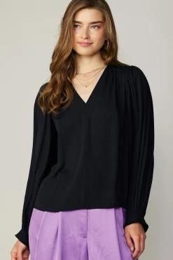 Long Sleeve Tops-Current Air Long Pleated Sleeve Blouse BLACK