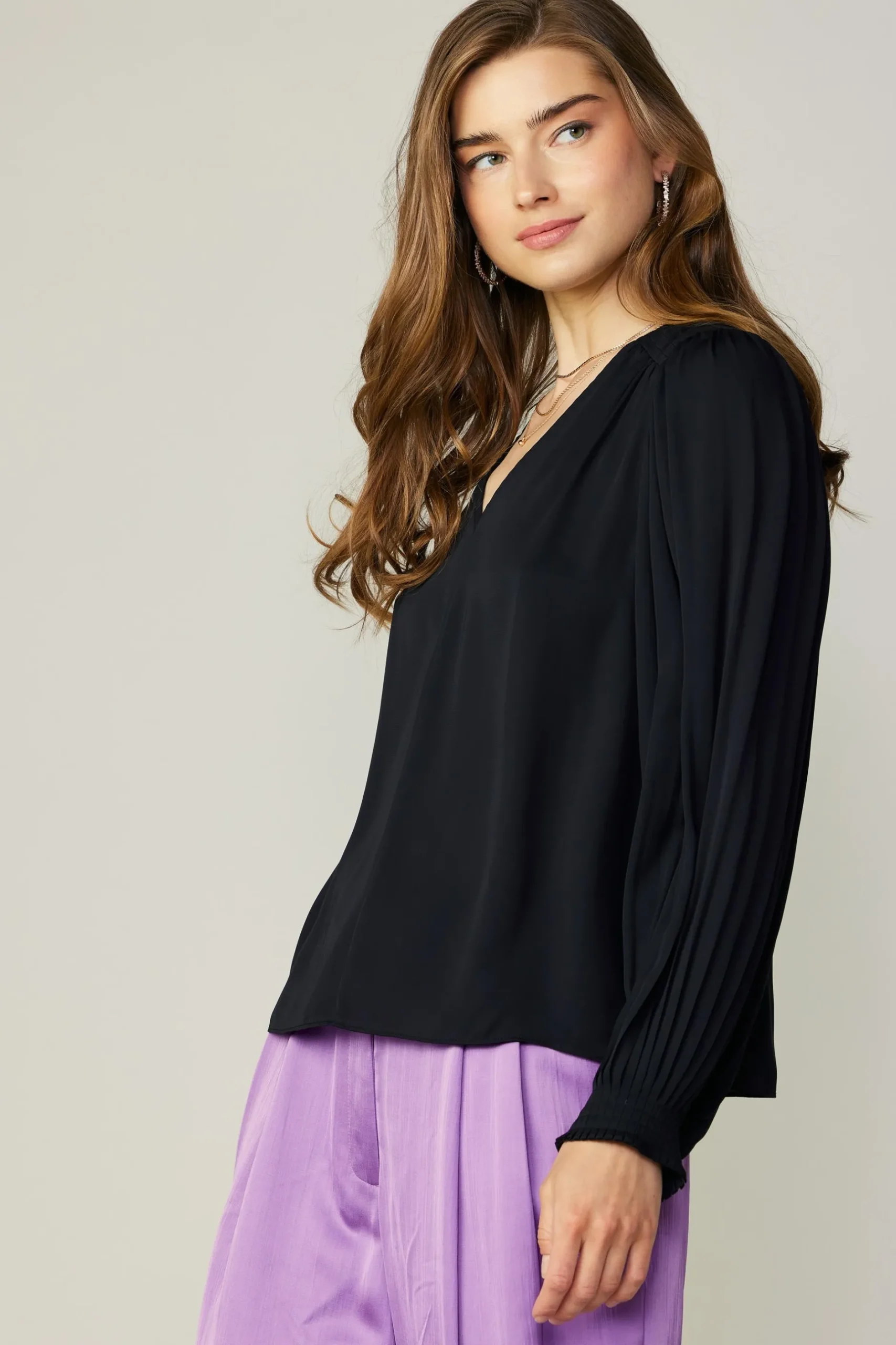 Long Sleeve Tops-Current Air Long Pleated Sleeve Blouse BLACK
