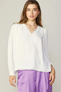 Long Sleeve Tops-Current Air Long Pleated Sleeve Blouse WHITE