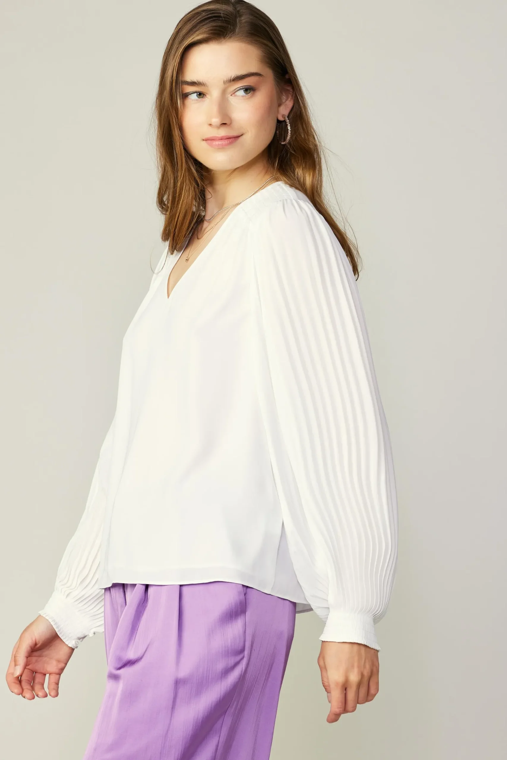 Long Sleeve Tops-Current Air Long Pleated Sleeve Blouse WHITE