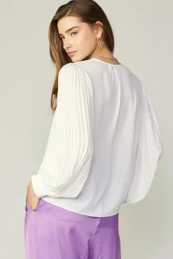 Long Sleeve Tops-Current Air Long Pleated Sleeve Blouse WHITE