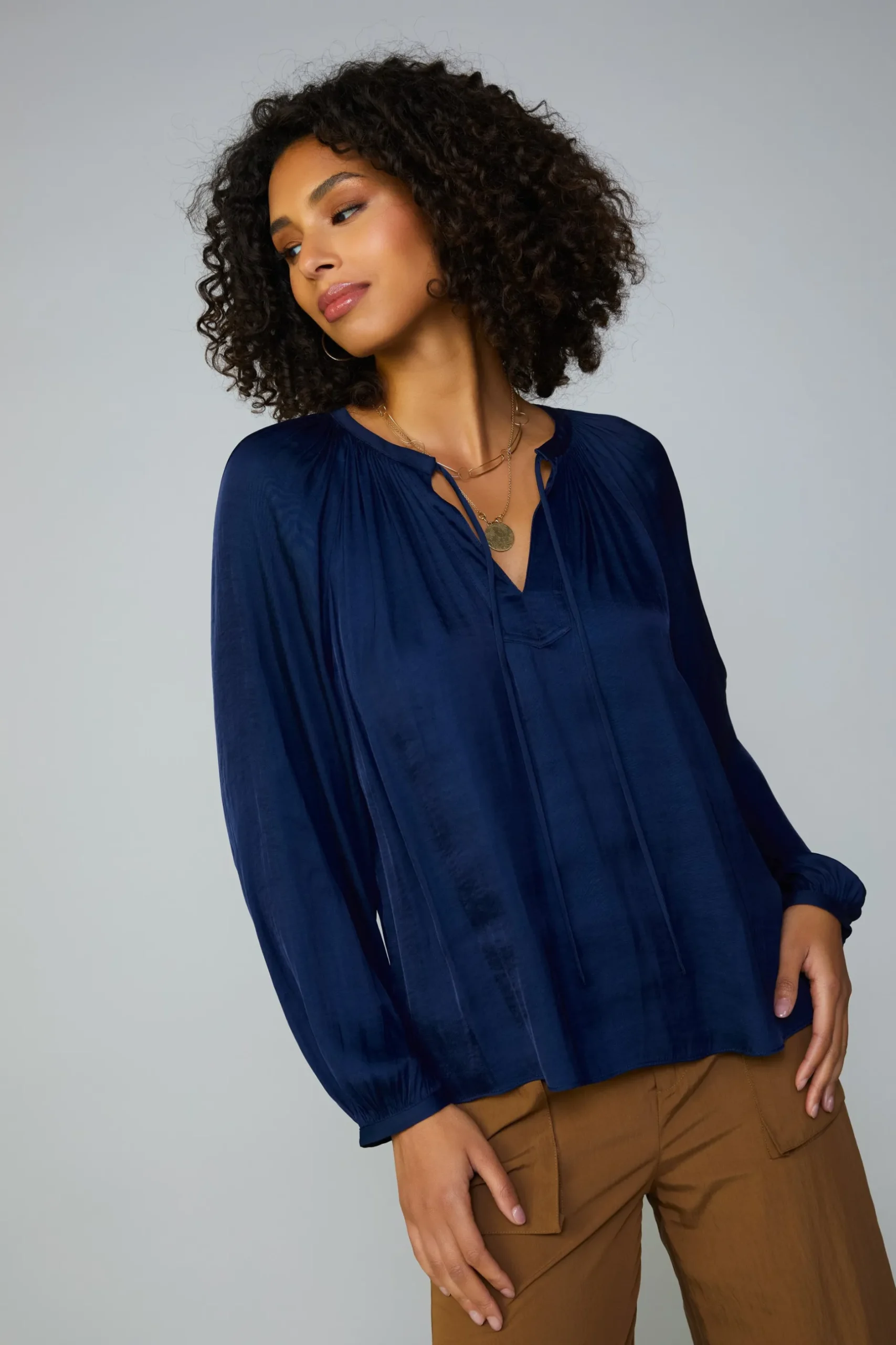 Long Sleeve Tops-Current Air Long sleeve blouse womens NAVY