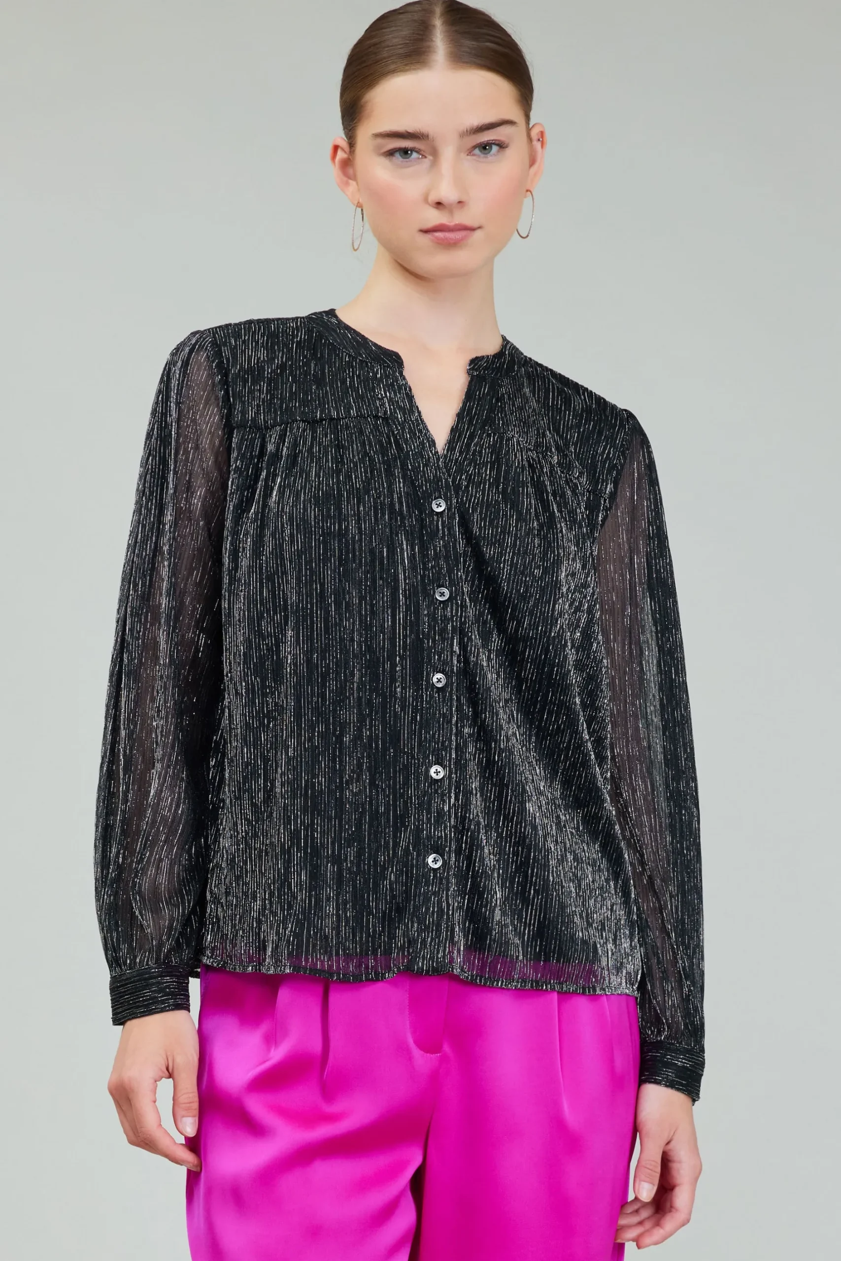 Long Sleeve Tops-Current Air Lurex Buttonup Blouse BLACK