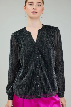 Long Sleeve Tops-Current Air Lurex Buttonup Blouse BLACK
