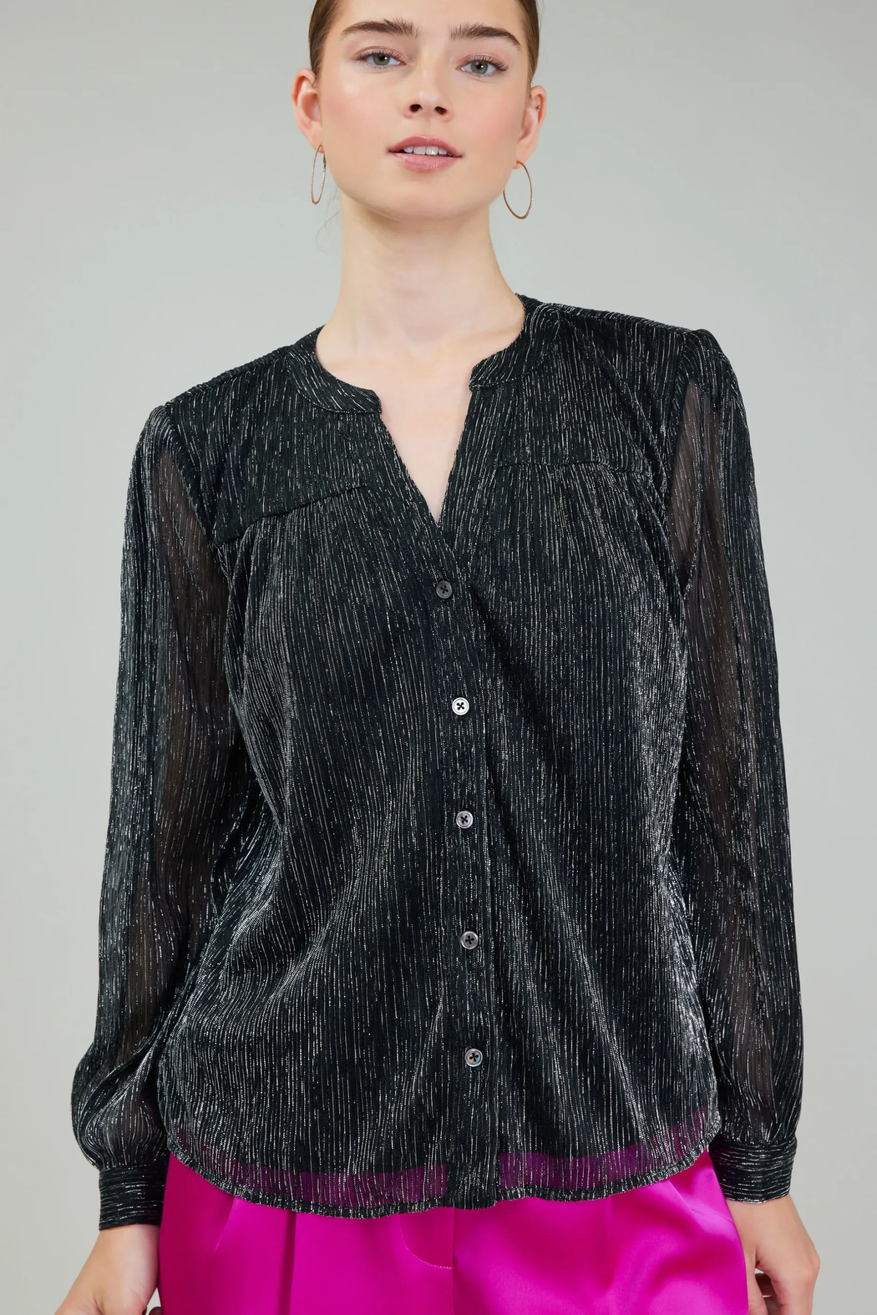 Long Sleeve Tops-Current Air Lurex Buttonup Blouse BLACK