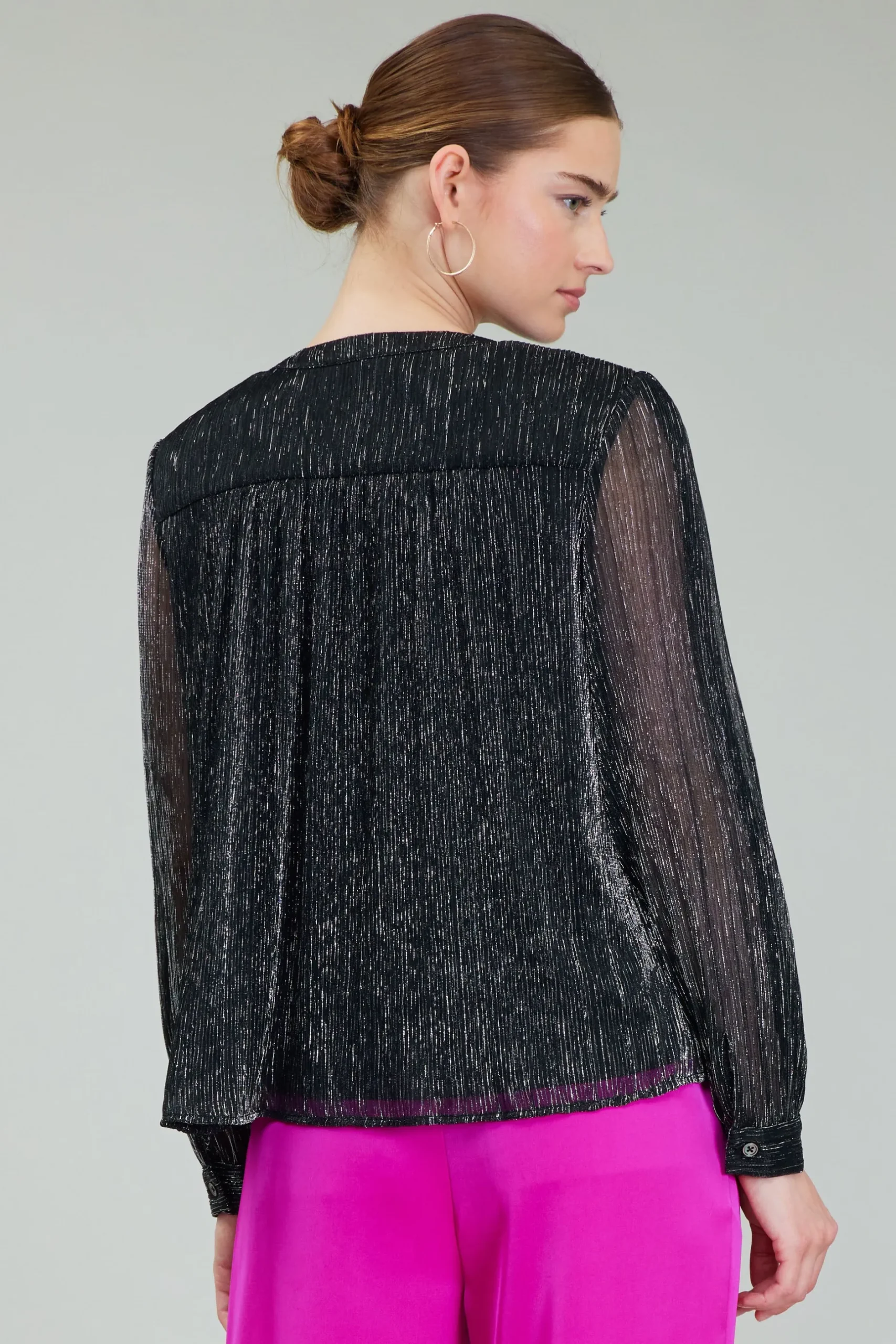 Long Sleeve Tops-Current Air Lurex Buttonup Blouse BLACK