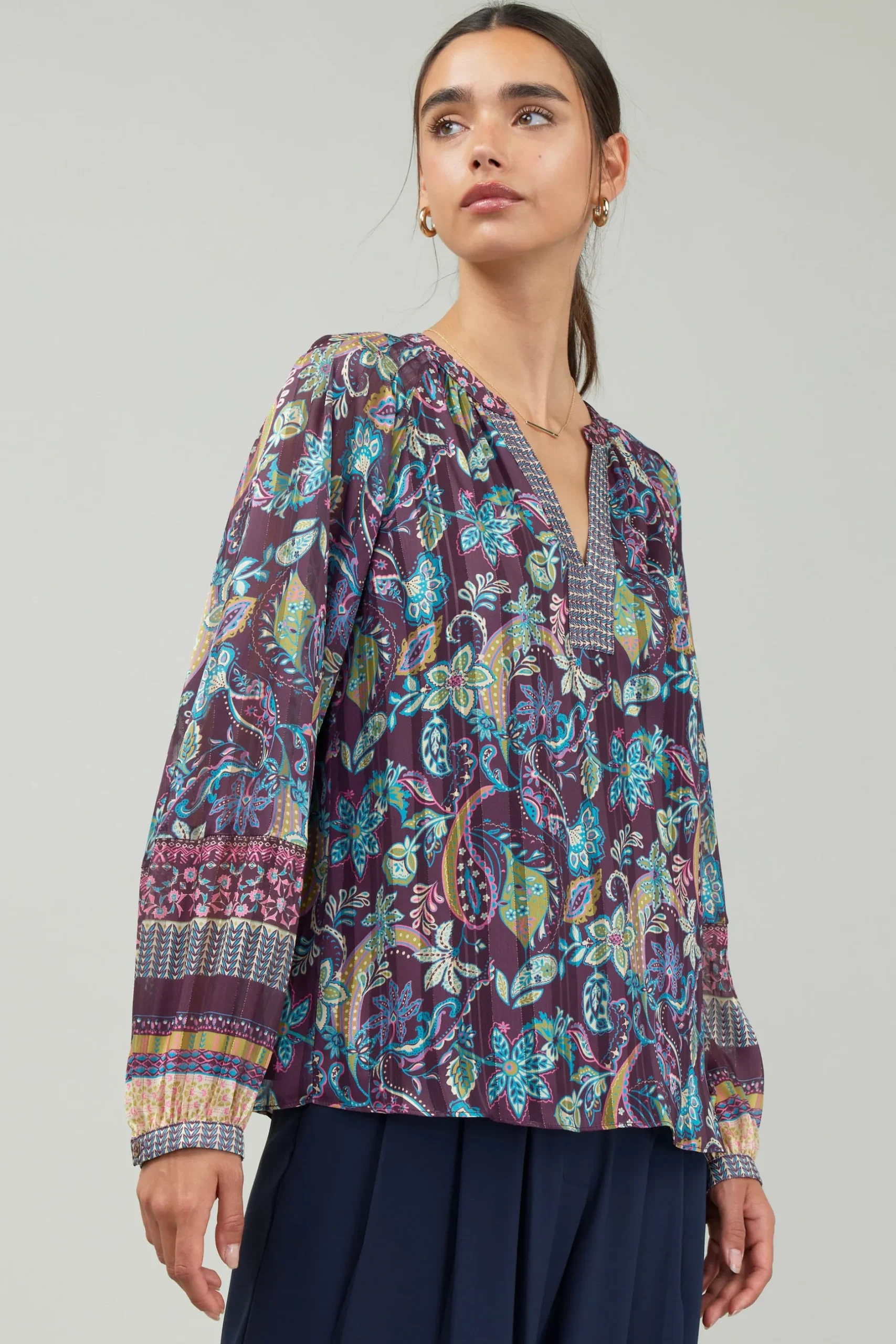 Long Sleeve Tops-Current Air Lurex Floral Blouse PLUMMLT