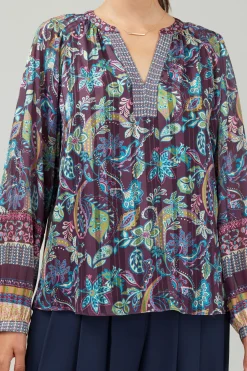 Long Sleeve Tops-Current Air Lurex Floral Blouse PLUMMLT