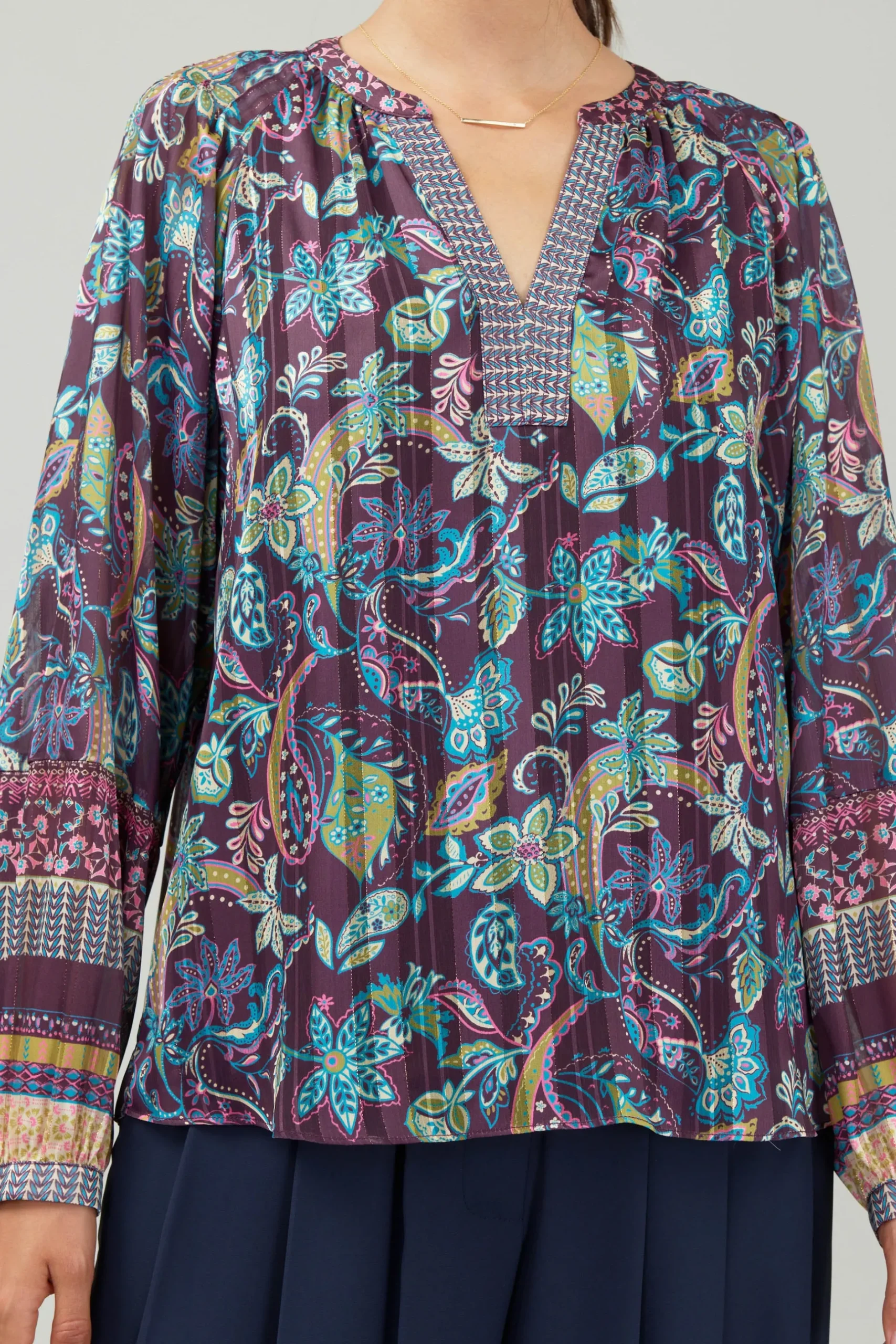 Long Sleeve Tops-Current Air Lurex Floral Blouse PLUMMLT