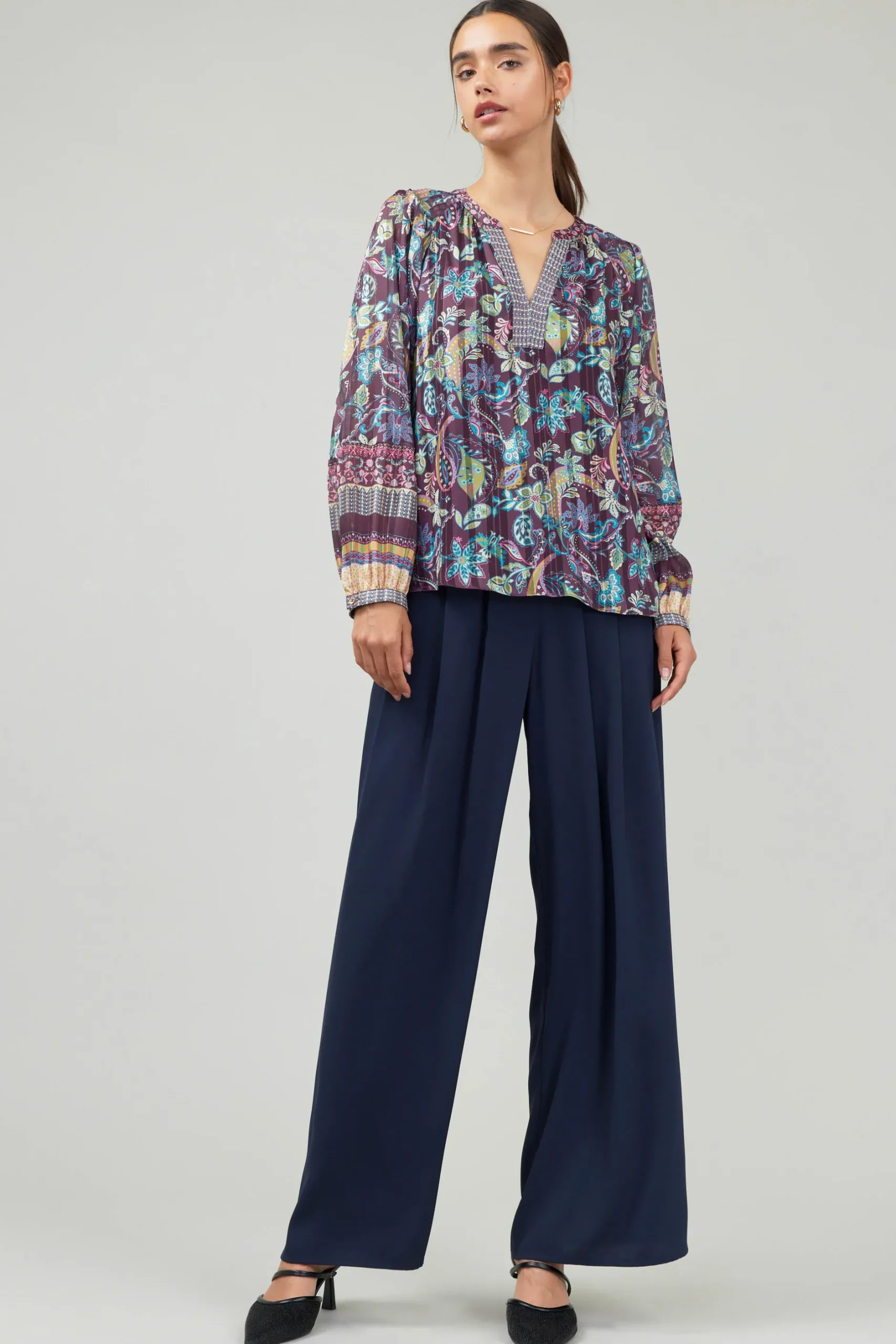 Long Sleeve Tops-Current Air Lurex Floral Blouse PLUMMLT