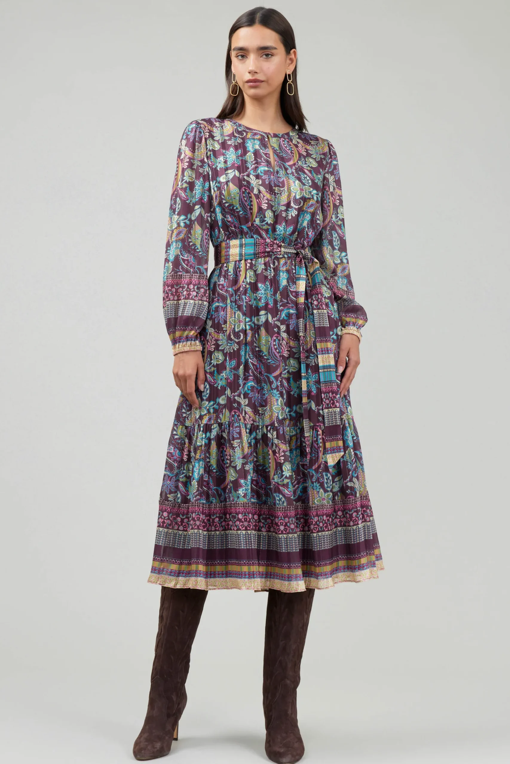 Midi Dresses-Current Air Lurex Floral Midi Dress PLUMMLT