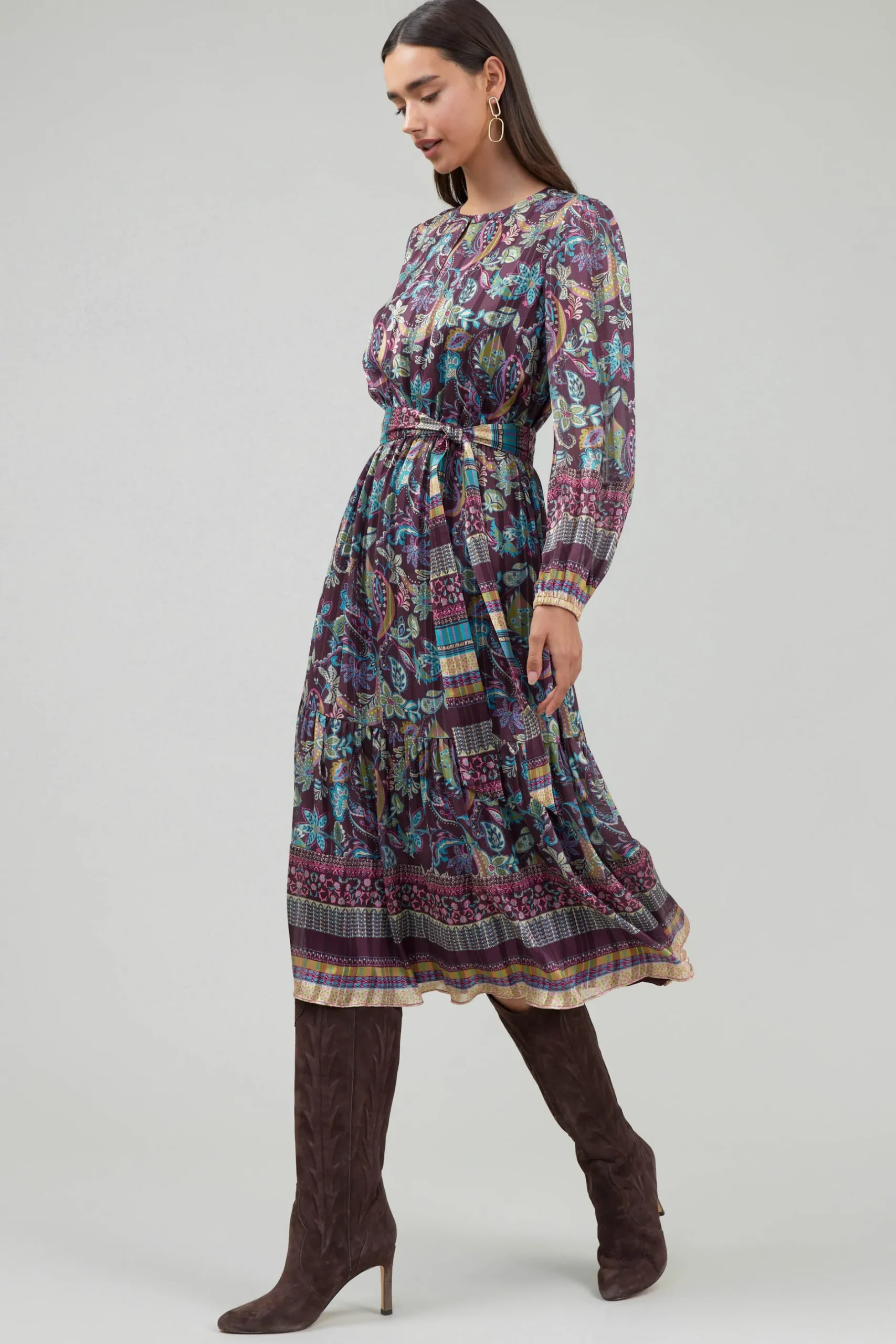 Midi Dresses-Current Air Lurex Floral Midi Dress PLUMMLT