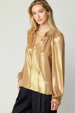 Long Sleeve Tops-Current Air Lustrous Cuffed Blouse GOLD