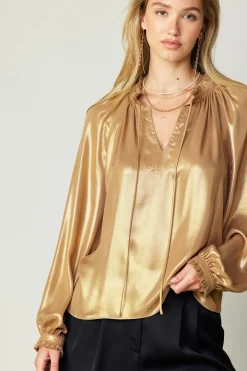 Long Sleeve Tops-Current Air Lustrous Cuffed Blouse GOLD
