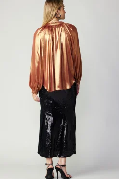 Long Sleeve Tops-Current Air Lustrous Cuffed Blouse RUST