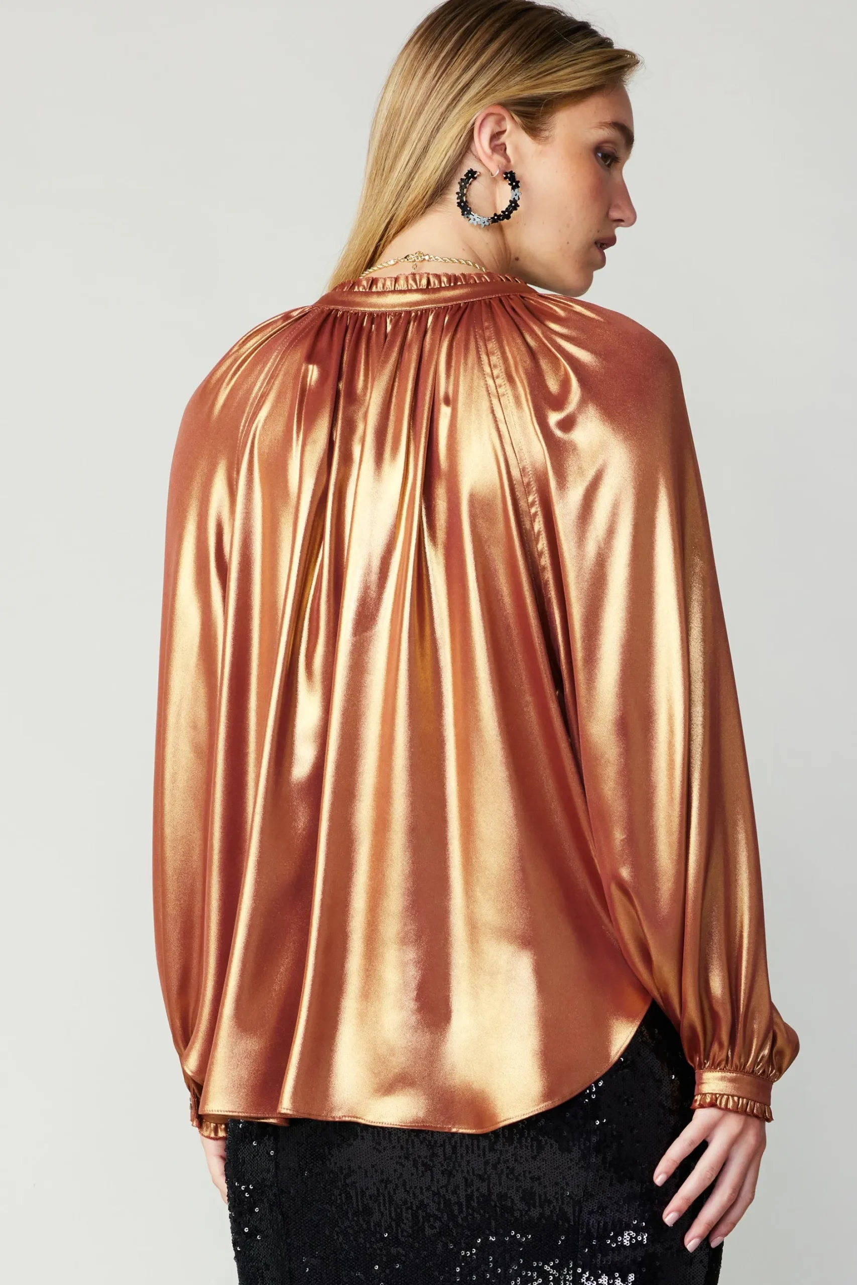 Long Sleeve Tops-Current Air Lustrous Cuffed Blouse RUST