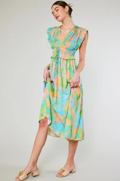 Maxi Dresses|Midi Dresses-Current Air Mara Abstract Pleated Maxi Dress GREENORANGEMLT