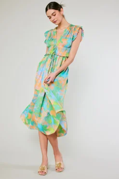 Maxi Dresses|Midi Dresses-Current Air Mara Abstract Pleated Maxi Dress GREENORANGEMLT