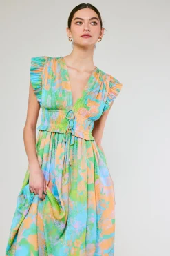 Maxi Dresses|Midi Dresses-Current Air Mara Abstract Pleated Maxi Dress GREENORANGEMLT