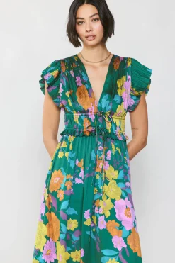Midi Dresses-Current Air Mara Floral Pleated Midi Dress GREENFLORAL