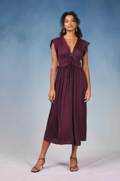 Maxi Dresses-Current Air Mara Pleated Maxi Dress BURGUNDY