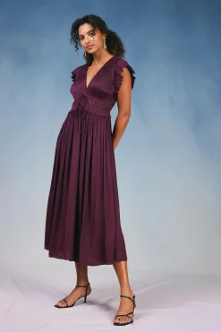 Maxi Dresses-Current Air Mara Pleated Maxi Dress BURGUNDY