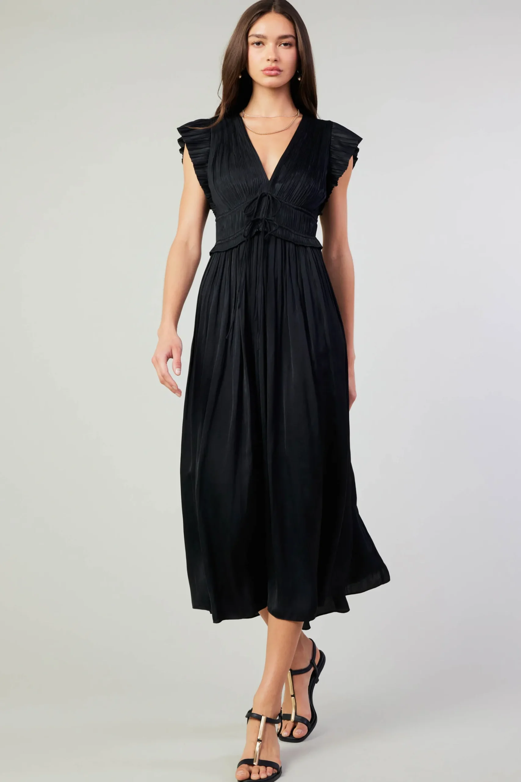 Maxi Dresses|Midi Dresses-Current Air Mara Pleated Maxi Dress BLACK