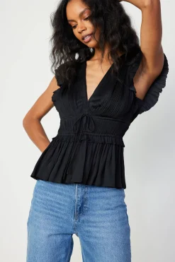 Sleeveless Tops-Current Air Mara Pleated Sleeveless Blouse BLACK