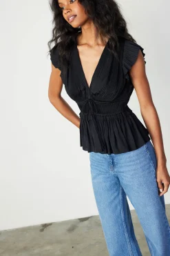 Sleeveless Tops-Current Air Mara Pleated Sleeveless Blouse BLACK
