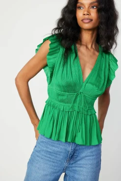 Sleeveless Tops-Current Air Mara Pleated Sleeveless Blouse DEEPSPRINGGREEN
