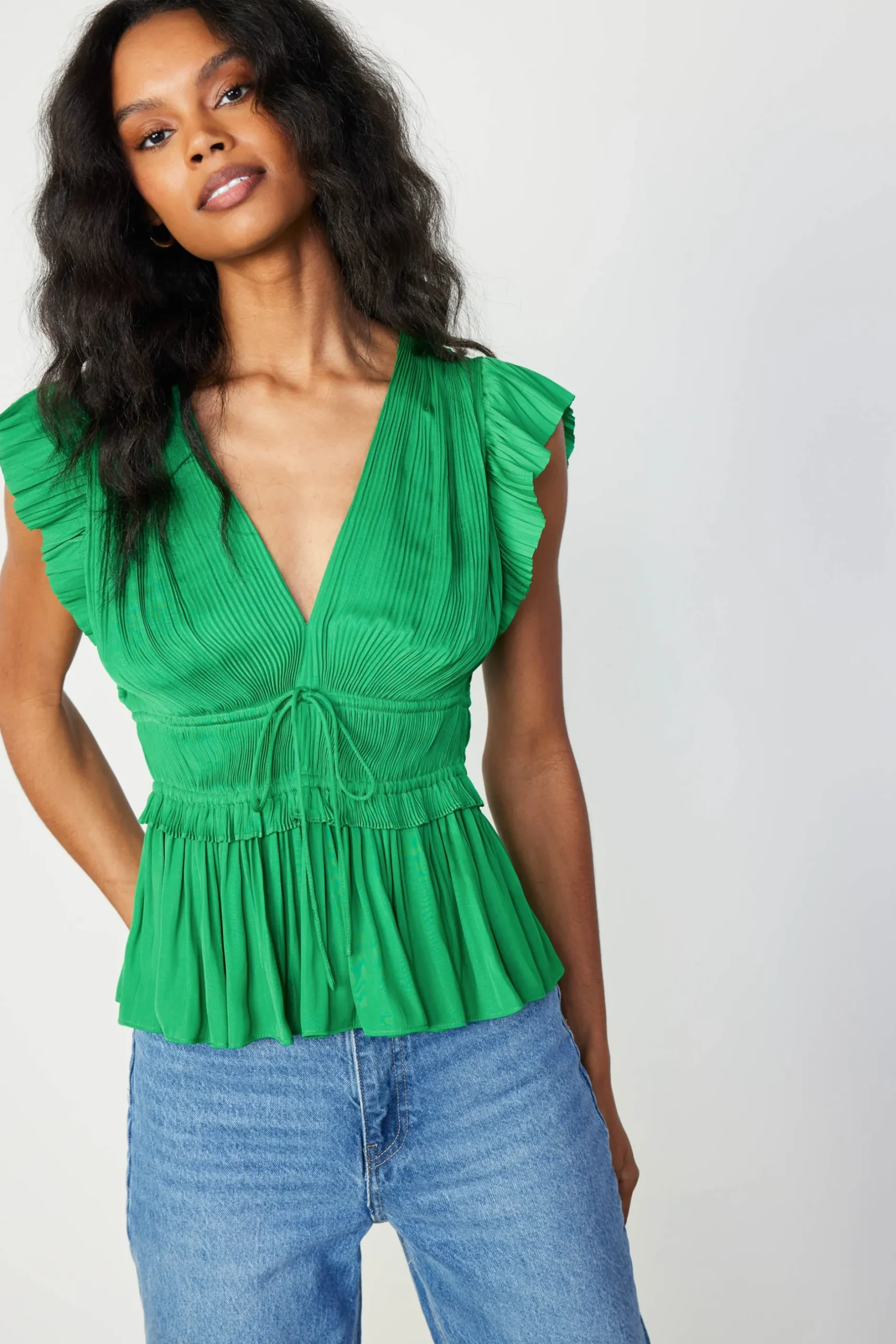 Sleeveless Tops-Current Air Mara Pleated Sleeveless Blouse DEEPSPRINGGREEN