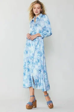Maxi Dresses|Midi Dresses-Current Air Marbled Motif Buttondown Dress BLUEMULTI
