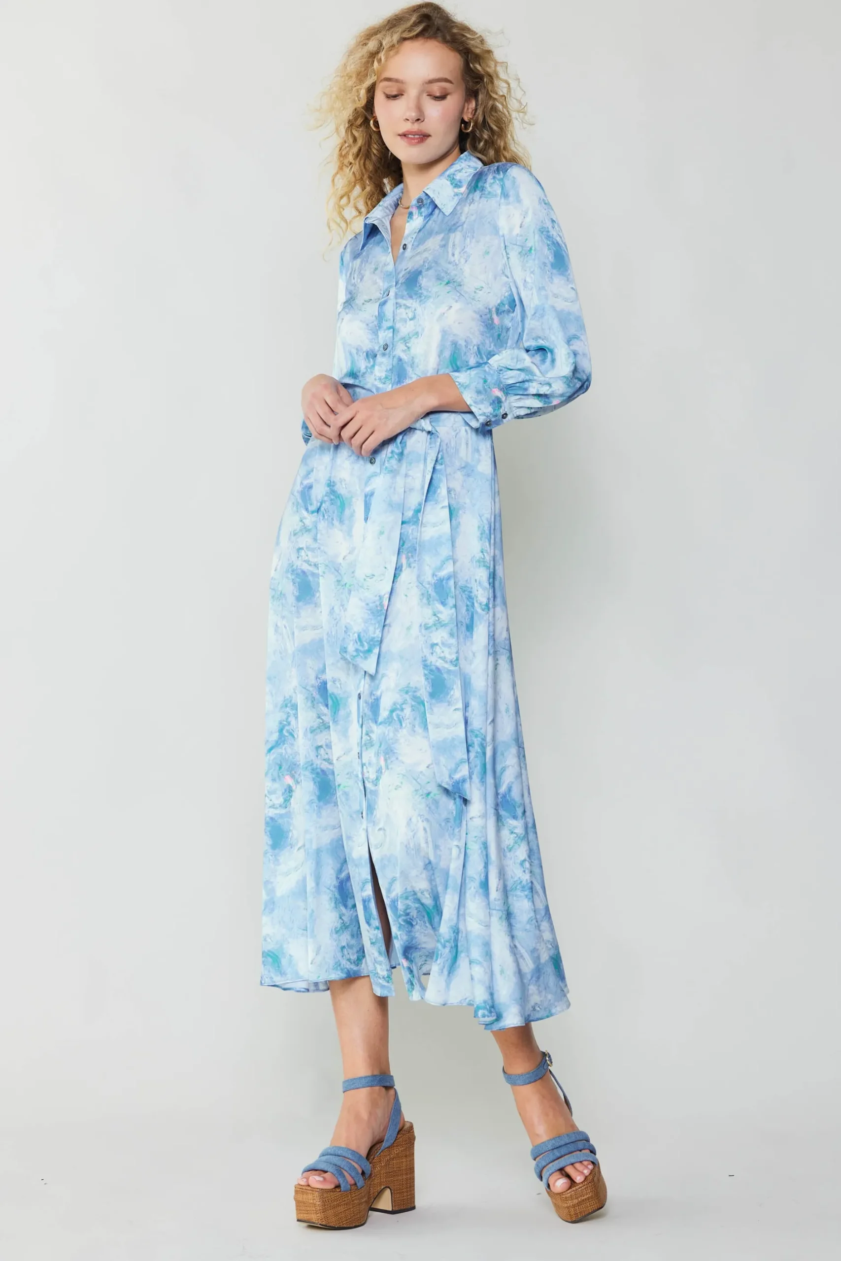 Maxi Dresses|Midi Dresses-Current Air Marbled Motif Buttondown Dress BLUEMULTI