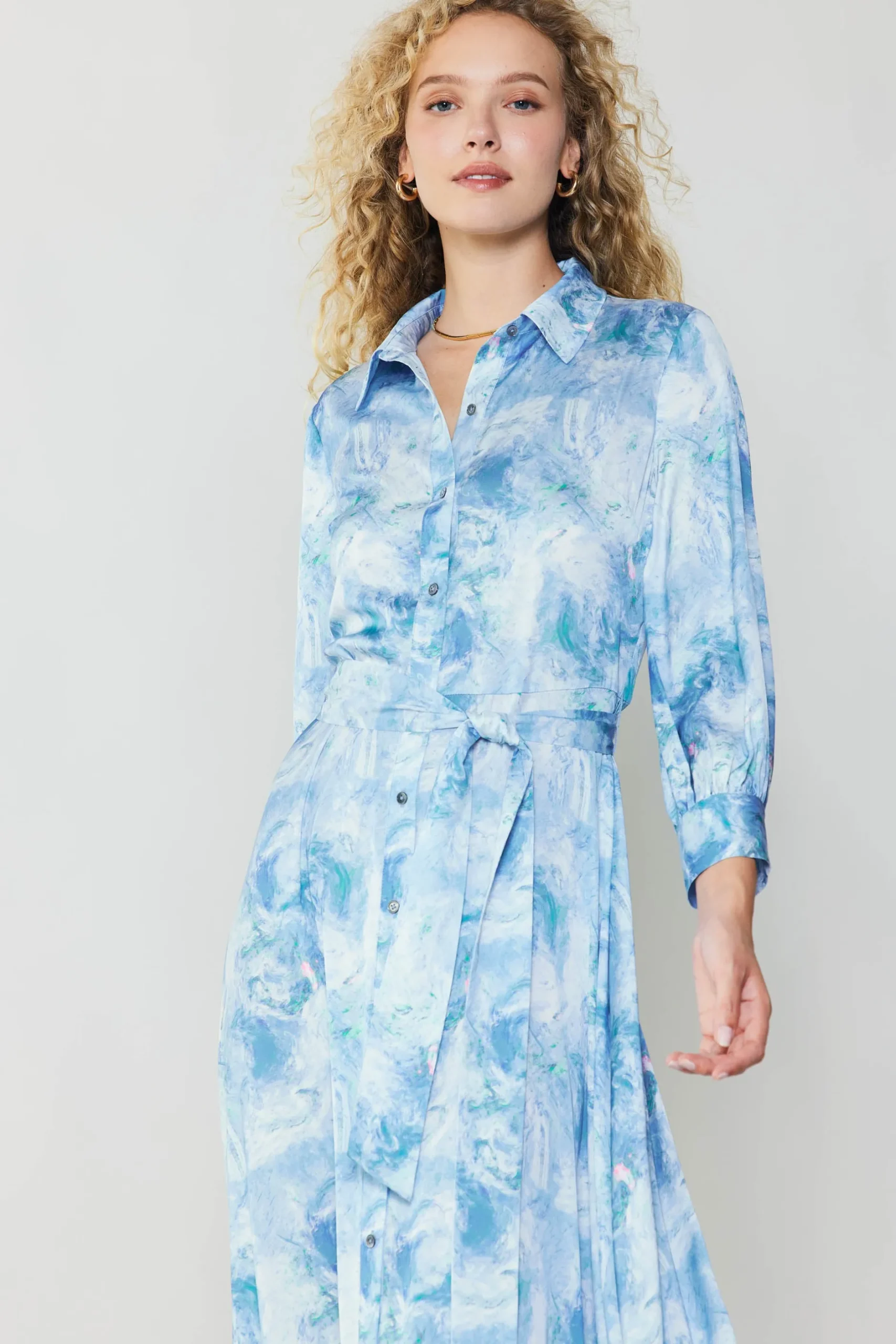 Maxi Dresses|Midi Dresses-Current Air Marbled Motif Buttondown Dress BLUEMULTI