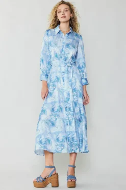 Maxi Dresses|Midi Dresses-Current Air Marbled Motif Buttondown Dress BLUEMULTI